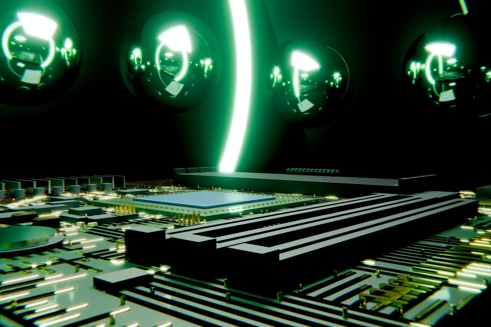 A beam of green light across a dark circuit board, representing AI processing